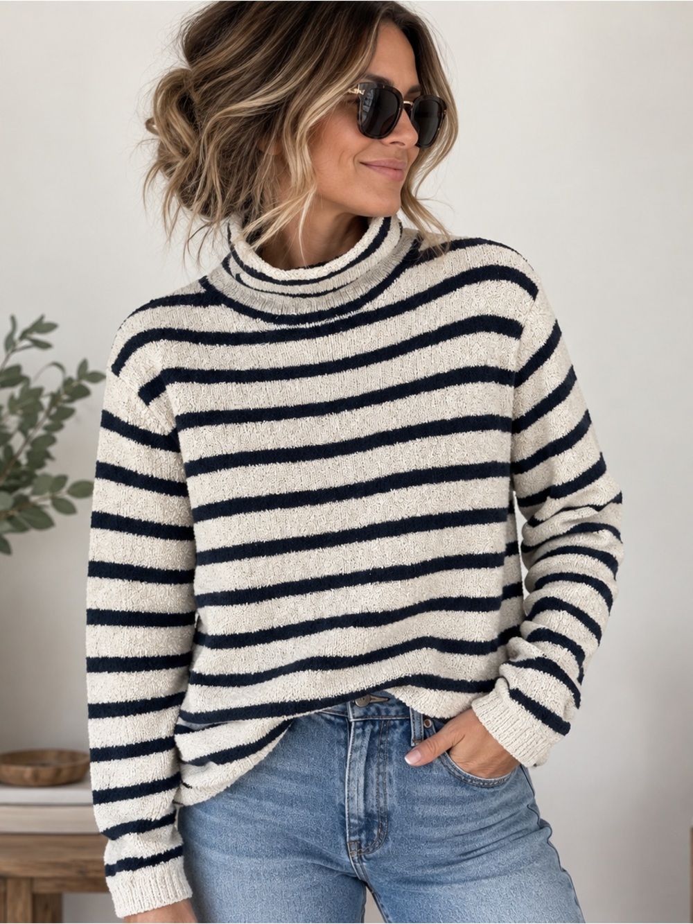 Cozy Striped Rollneck Sweater - Navy & Cream